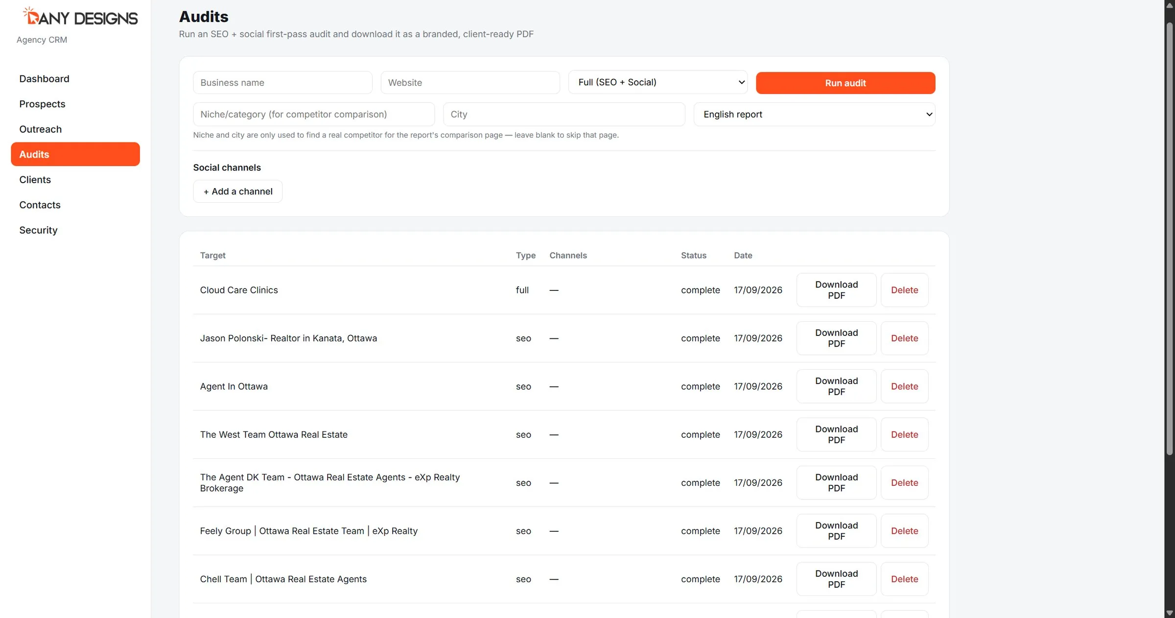 Automatic SEO and social audits, downloadable as PDF