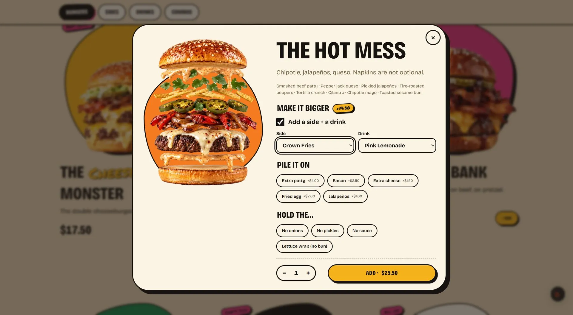 Item sheet with combo, add-ons and removals