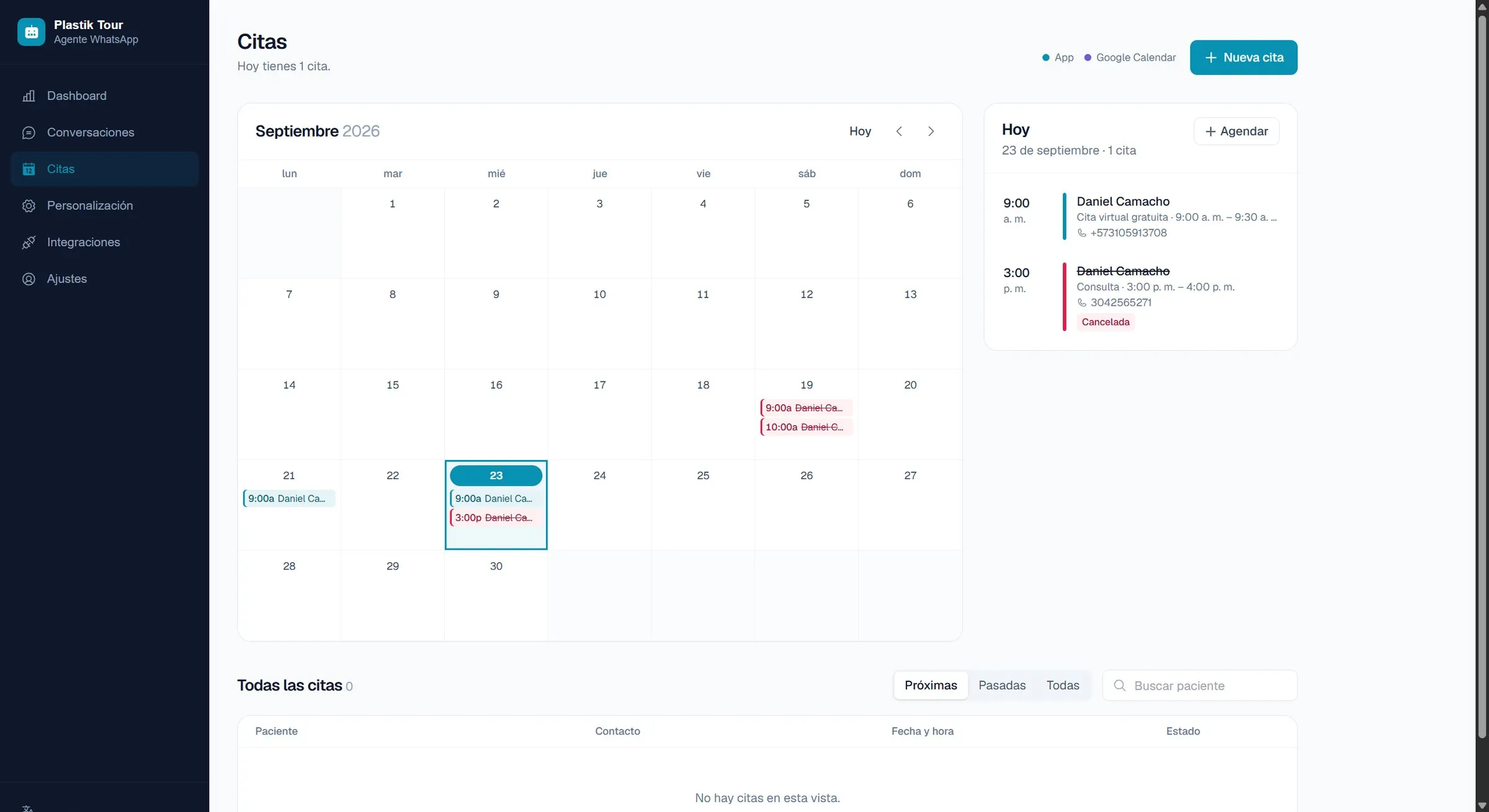 Appointments booked by the agent in the calendar