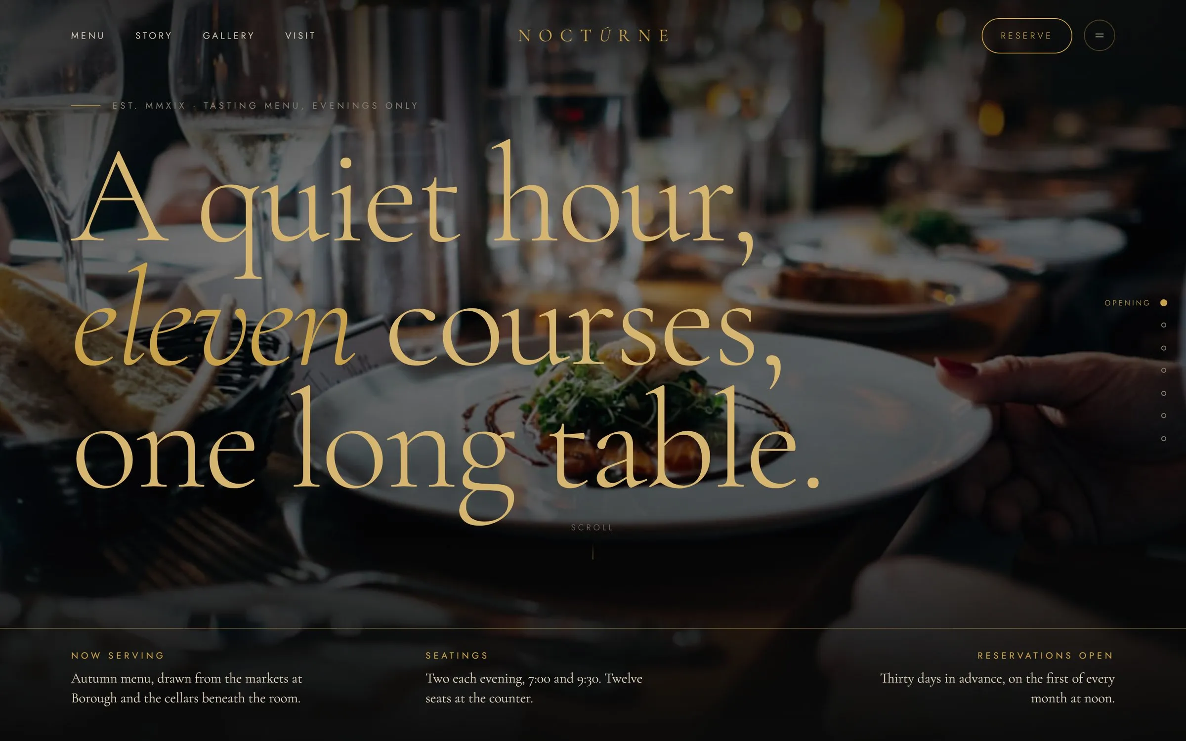 Nocturne home page: a dark dining room with a gold serif headline