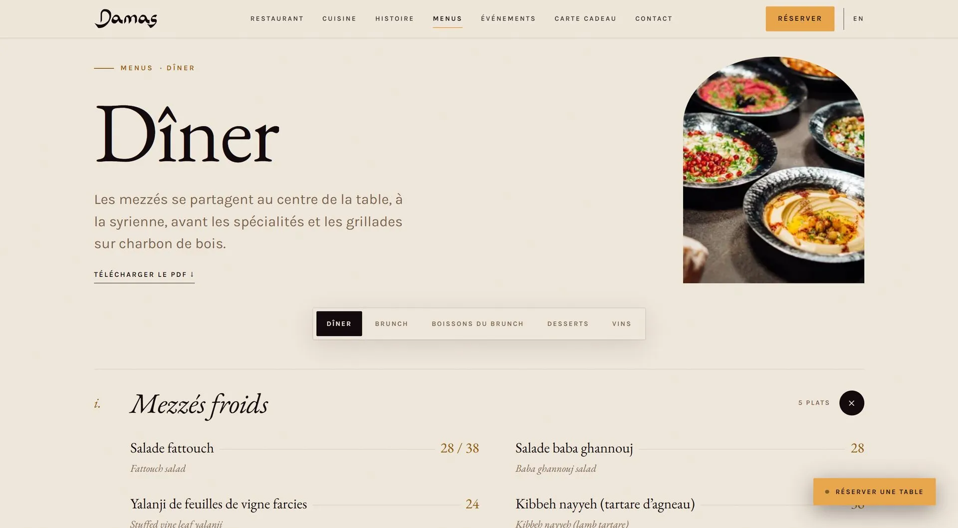 Dinner menu with cold mezzés and prices