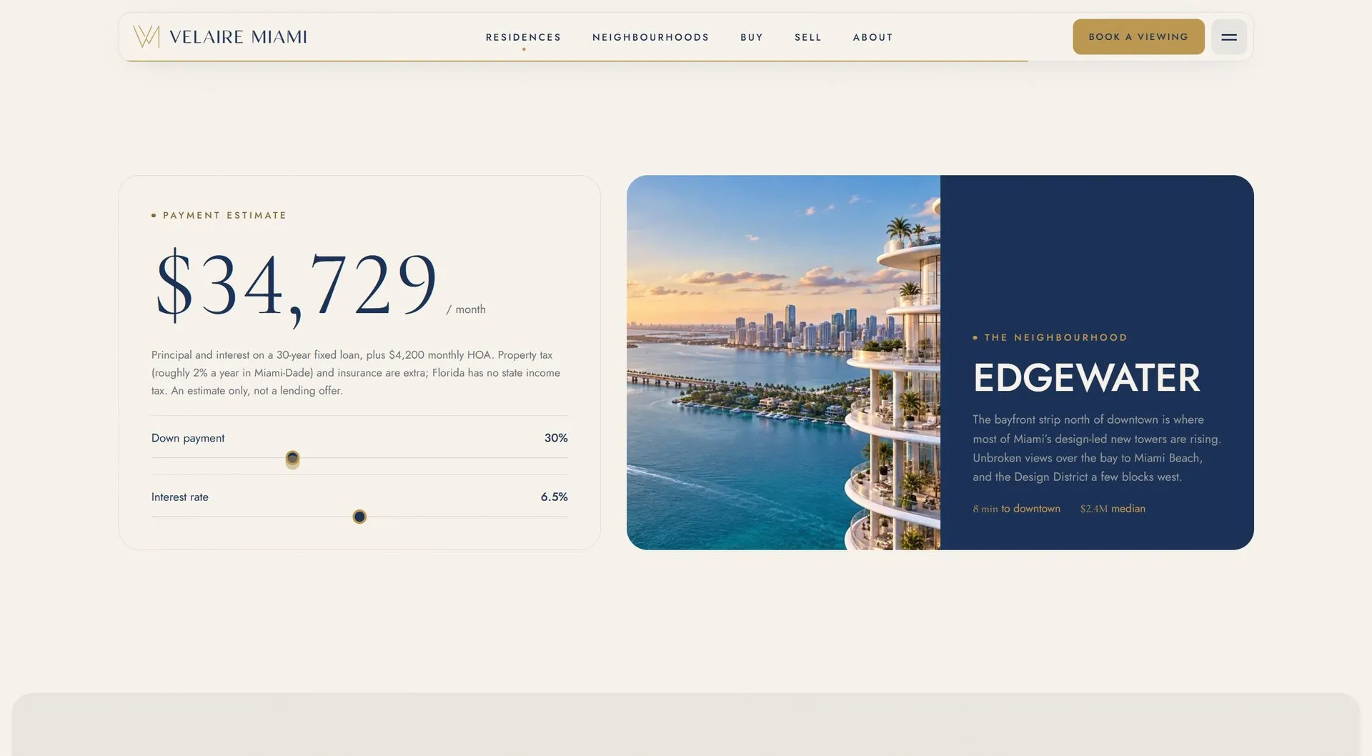 Monthly payment estimate and Edgewater neighbourhood card