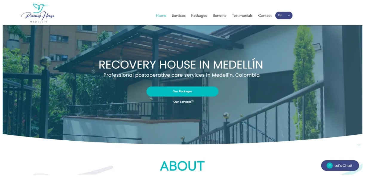 Recovery House Medellín site in a browser frame