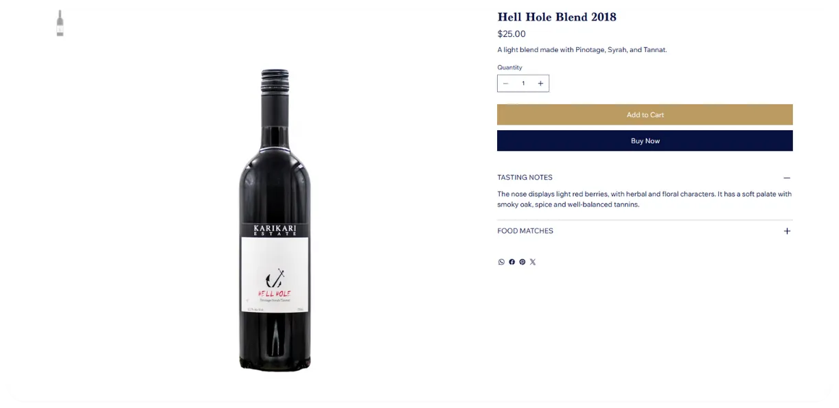 Wine product page with tasting notes