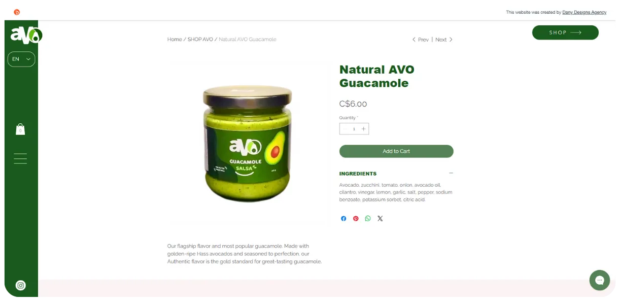 Natural AVO Guacamole product page with ingredients
