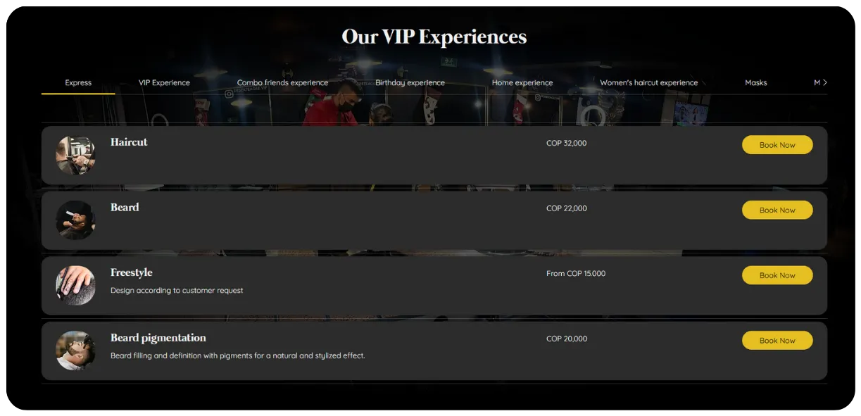 VIP experiences list with prices and Book Now buttons