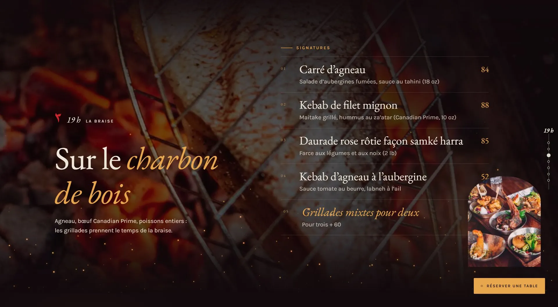 Sur le charbon de bois: signature grilled dishes with prices