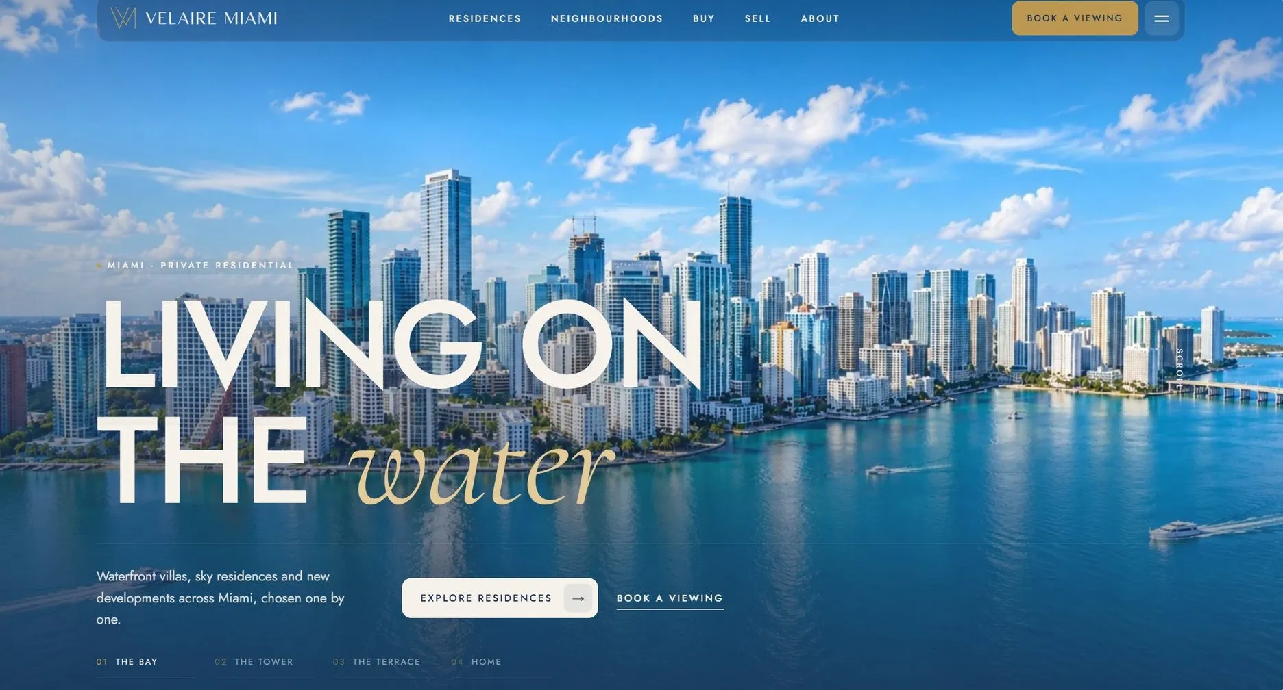 Velaire Miami home page: Living on the water, over the Miami skyline