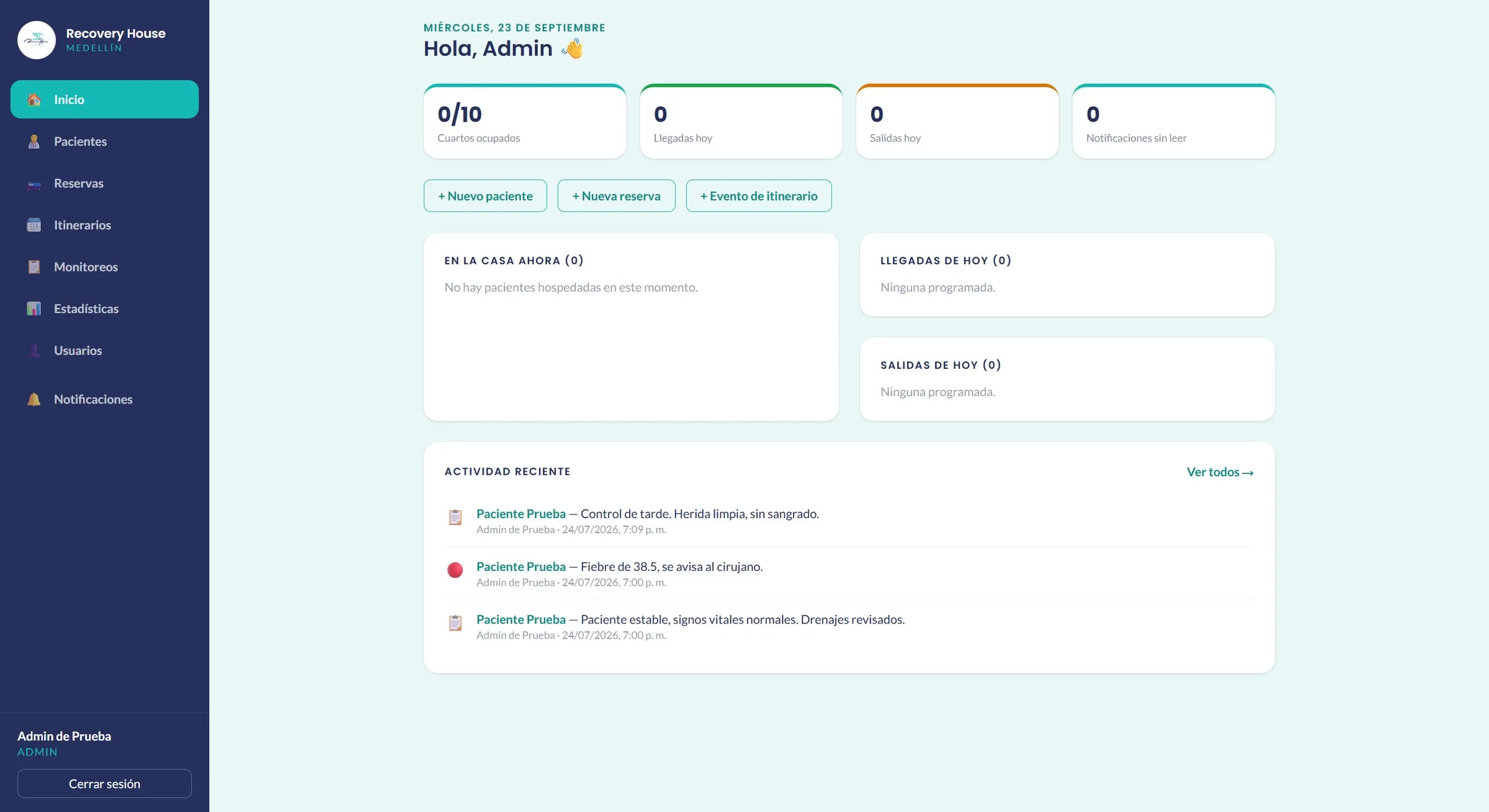 Patient app home: rooms occupied, arrivals, departures and recent activity