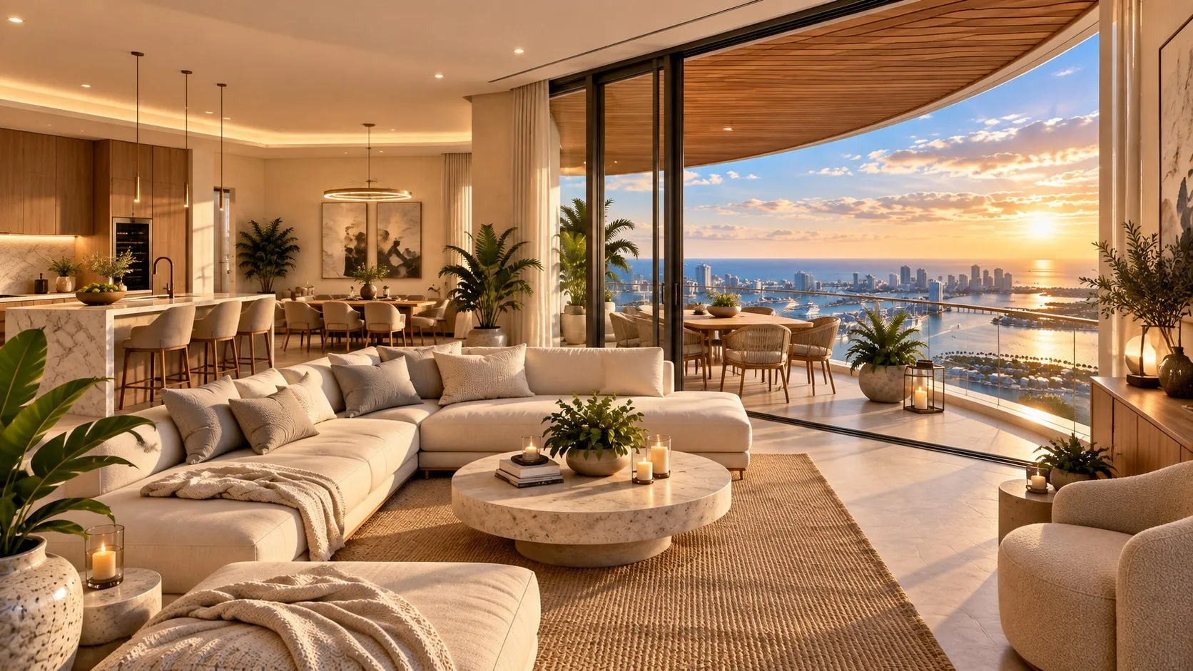 An open living room with floor-to-ceiling windows, from a Velaire Miami listing