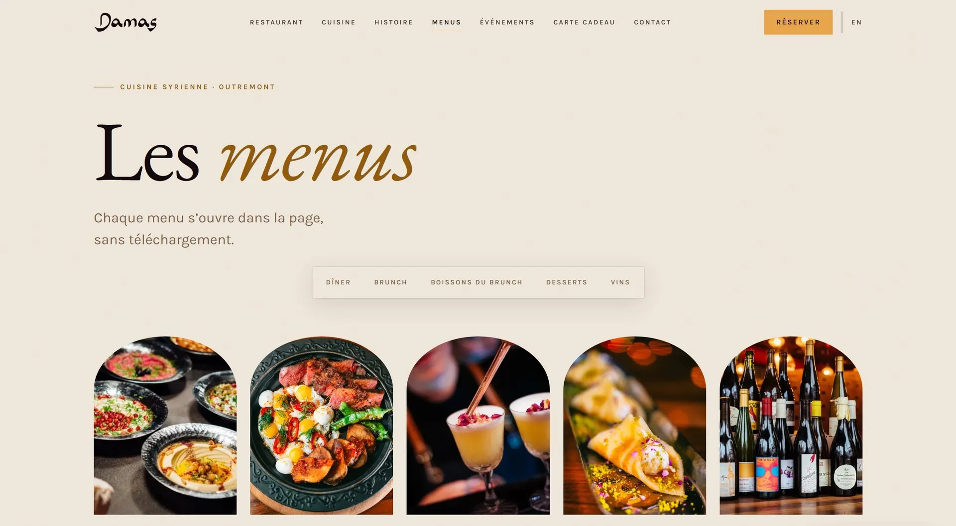 Les menus page with five arched menu cards