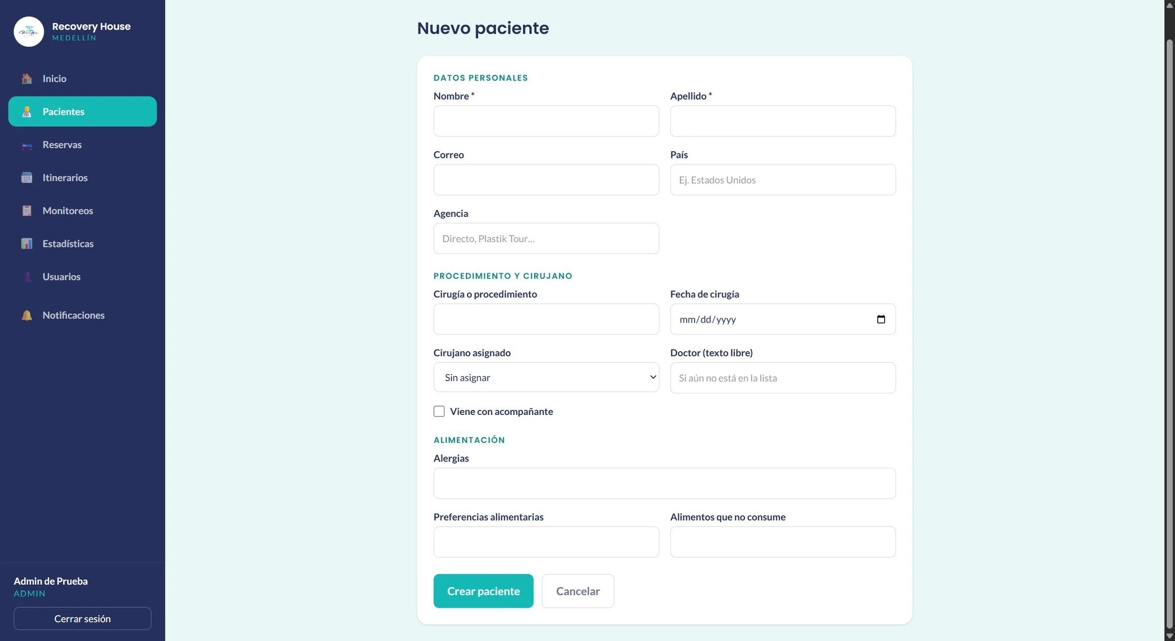 New patient form with procedure, surgeon and dietary needs