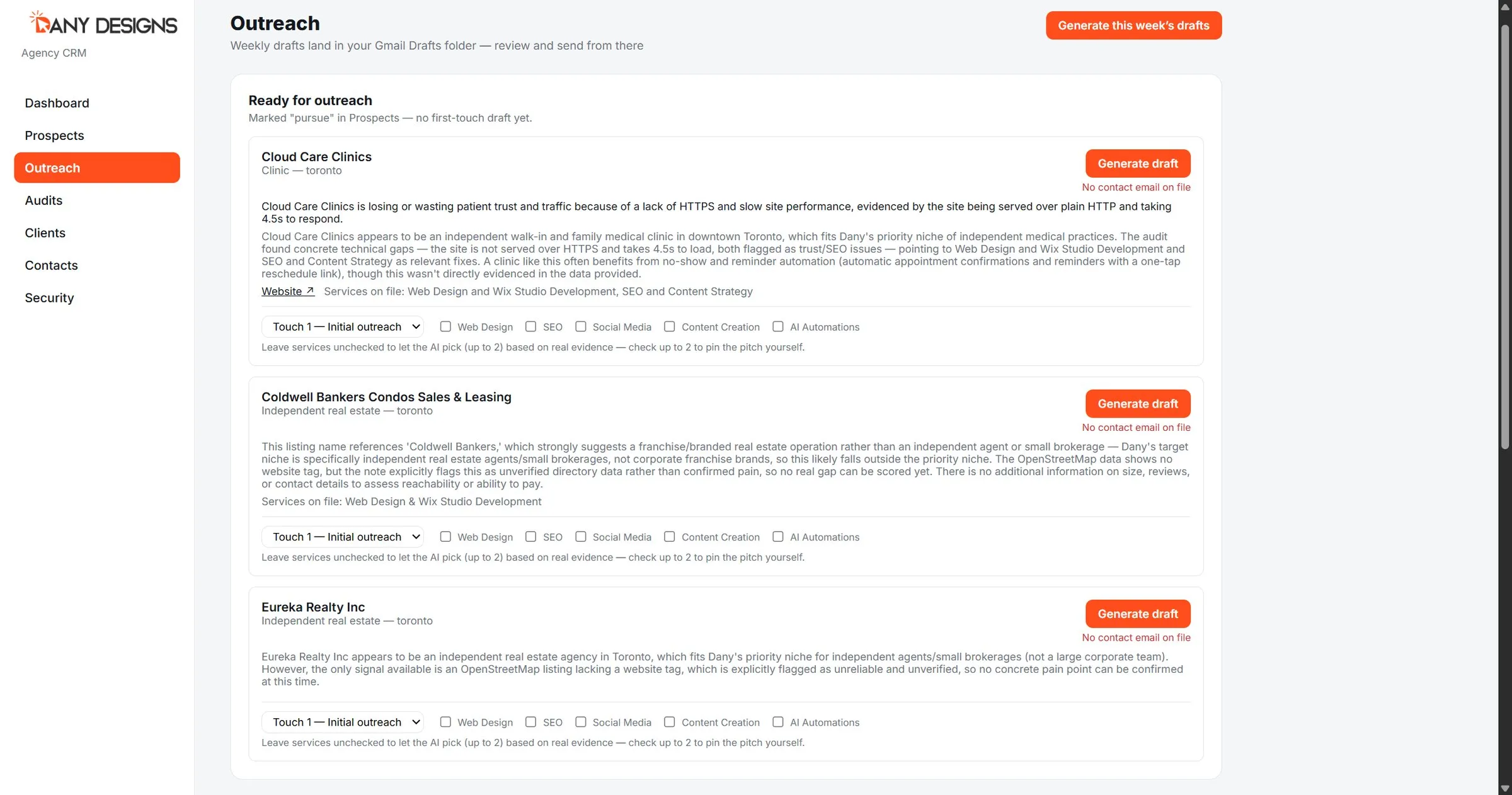 Outreach drafts generated from each audit