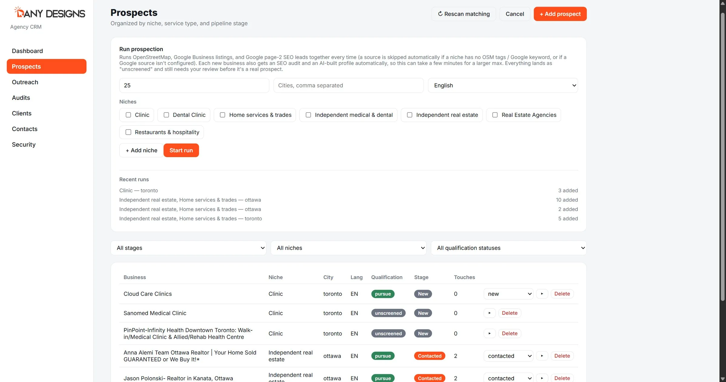 Prospecting runs by niche and city