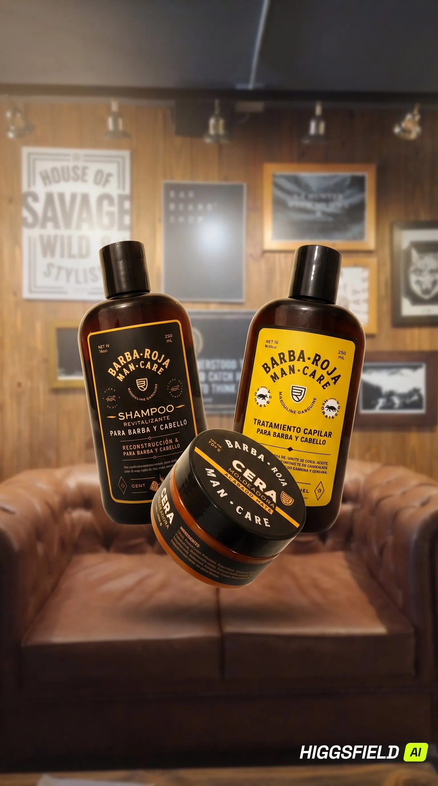 Barba Roja shampoo, treatment and styling wax floating in a barbershop