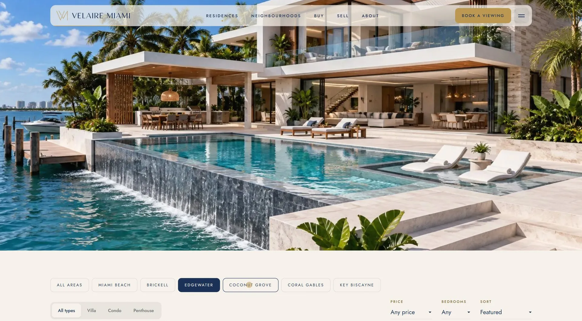 Velaire residences page with area, type, price and bedroom filters