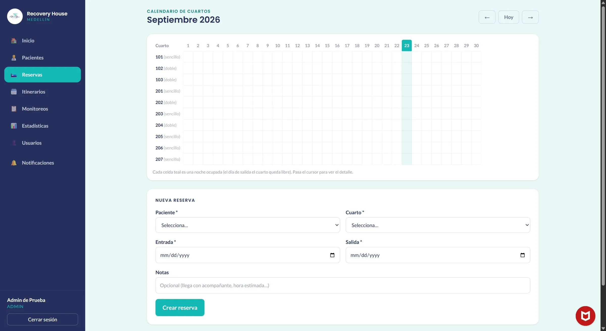Room booking calendar