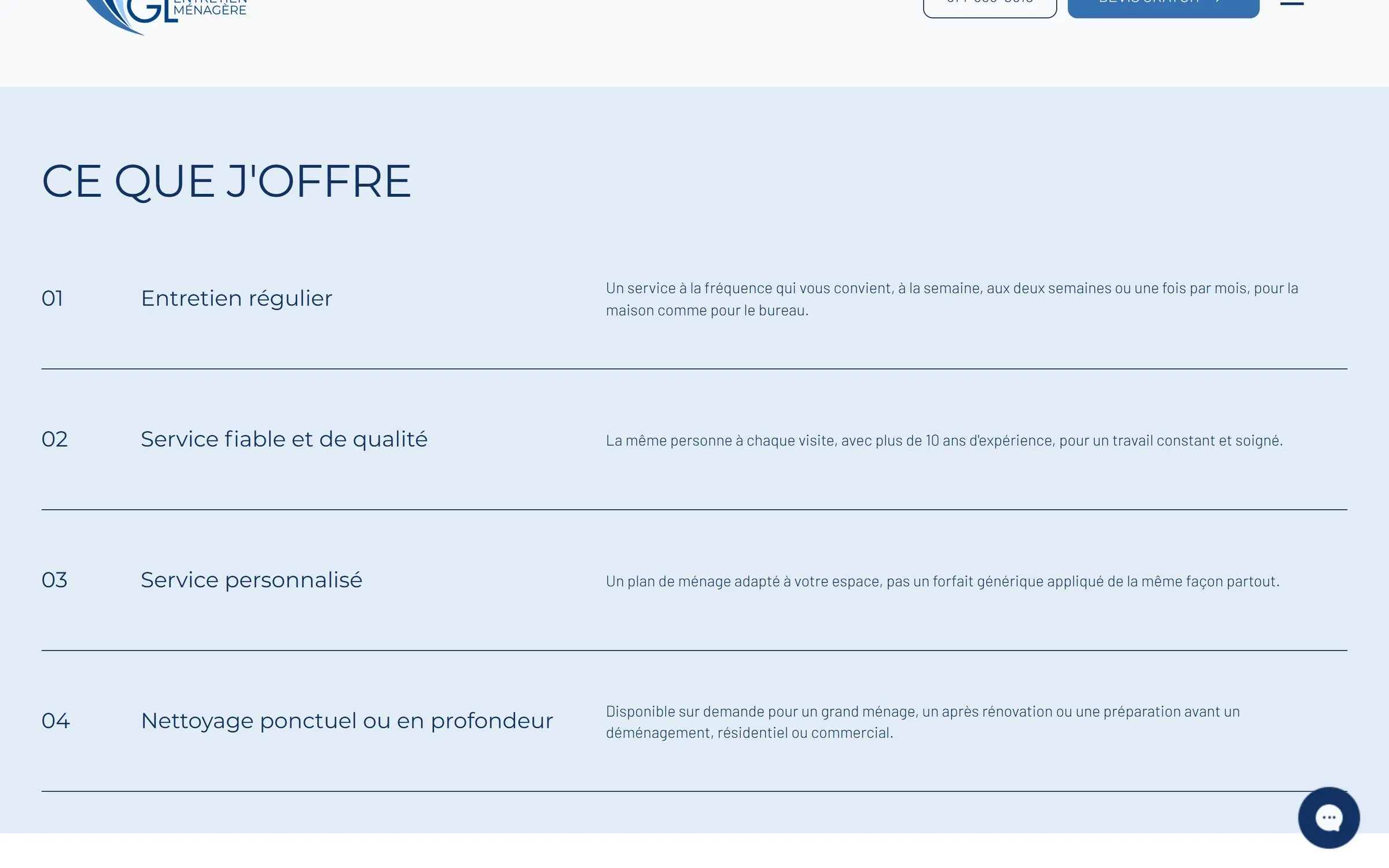 GL Entretien Ménager services list