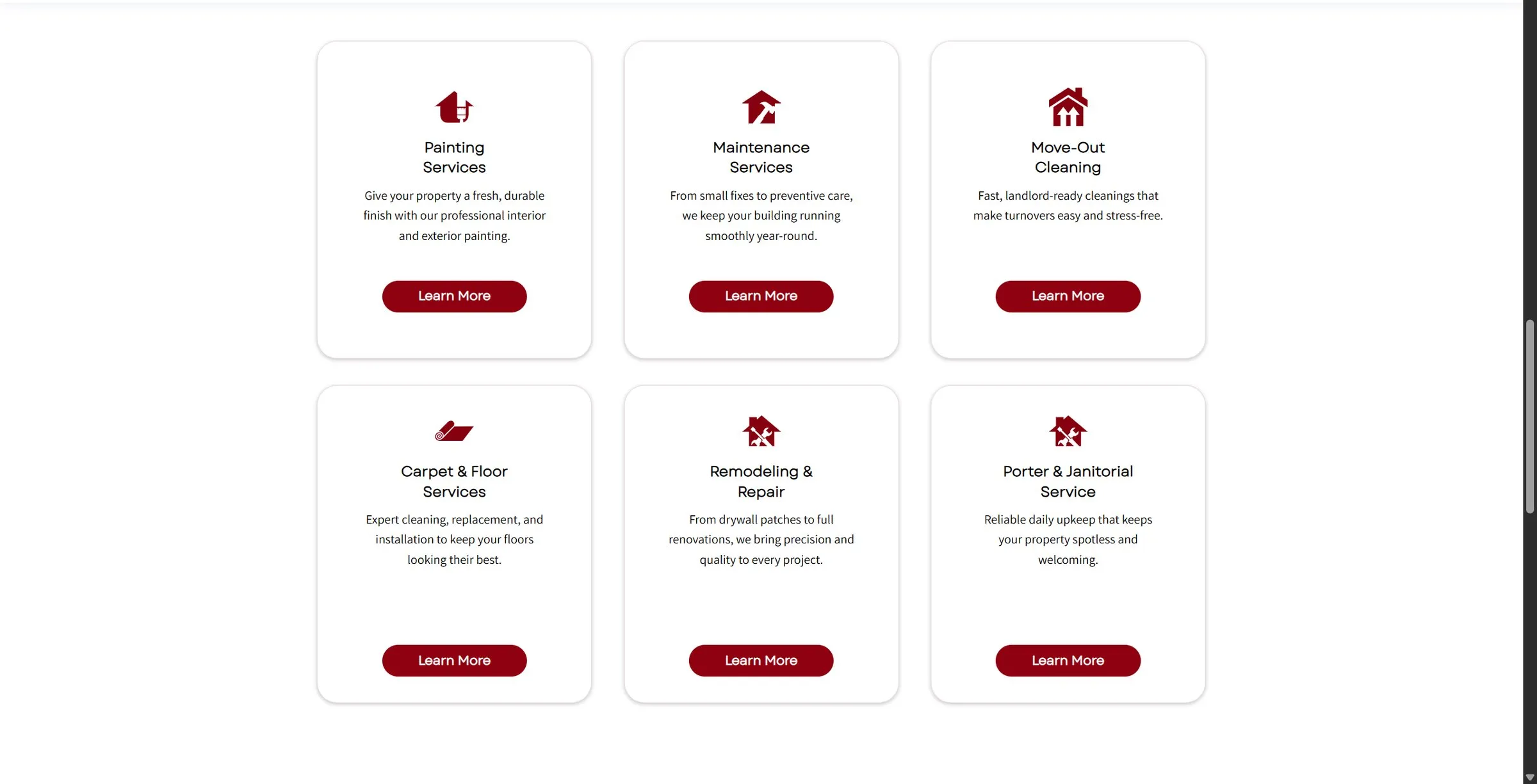 Service cards: painting, maintenance, cleaning, carpets, repairs, janitorial