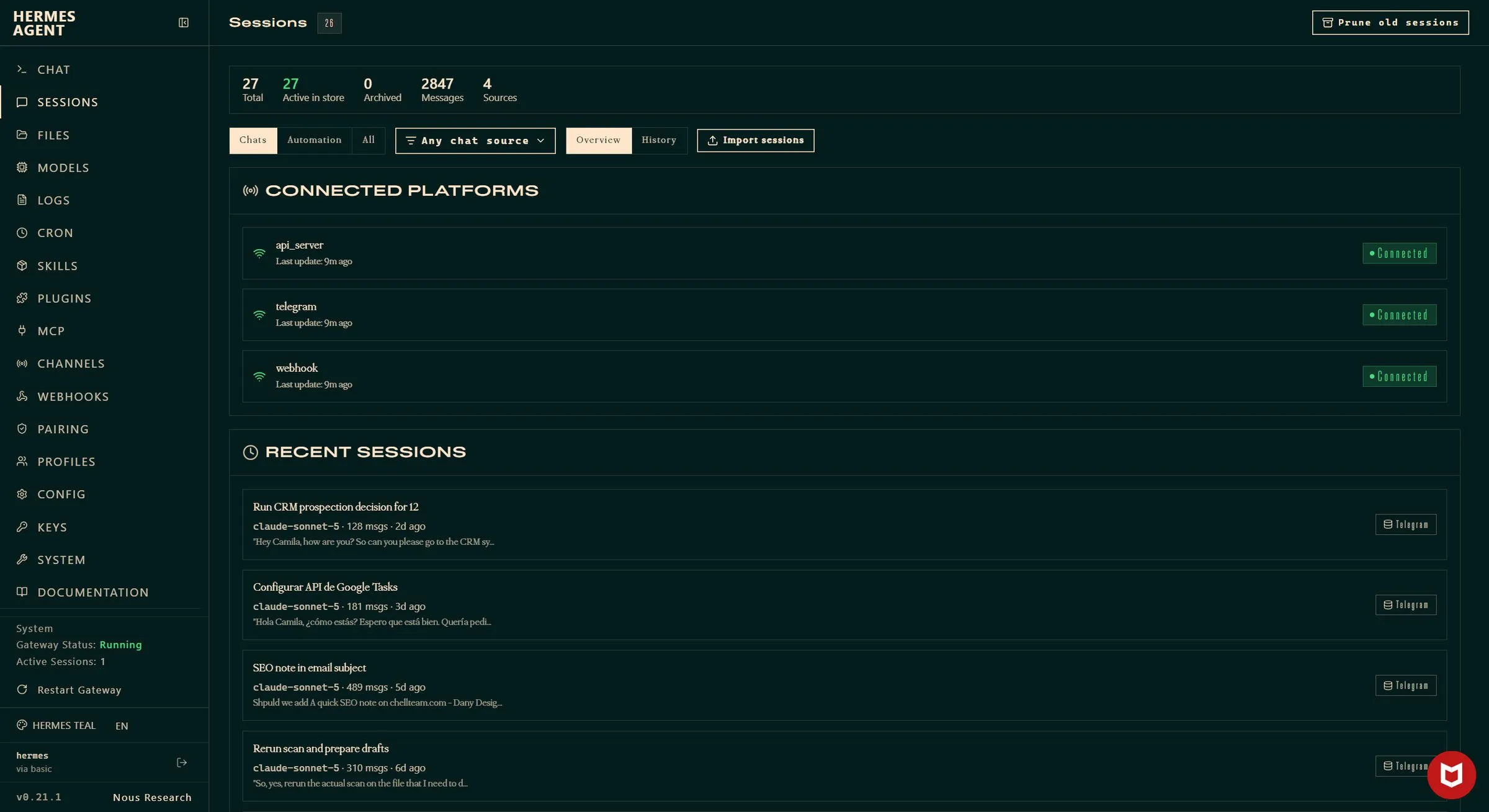 Hermes web dashboard: sessions and connected platforms