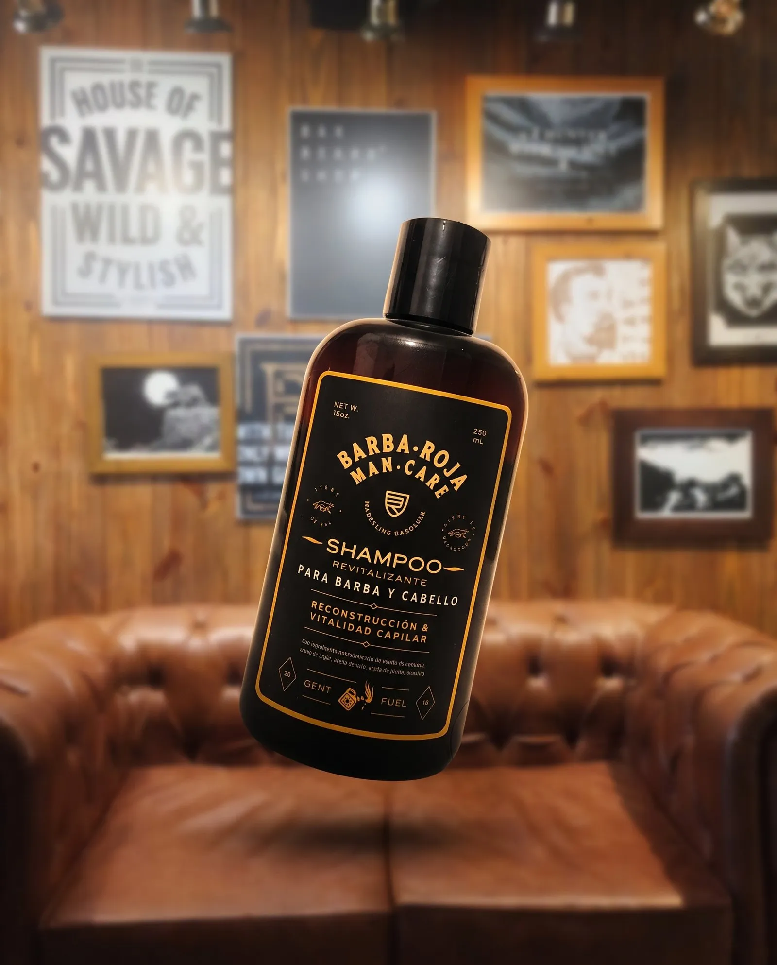 Barba Roja shampoo bottle floating in a barbershop