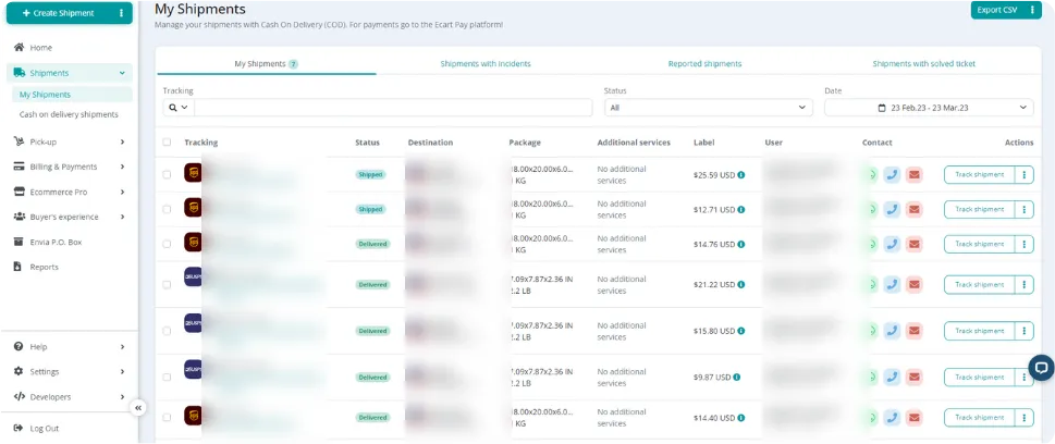 Expédition automatisée : étiquettes, suivi et transporteurs au même endroit (données clients floutées)
