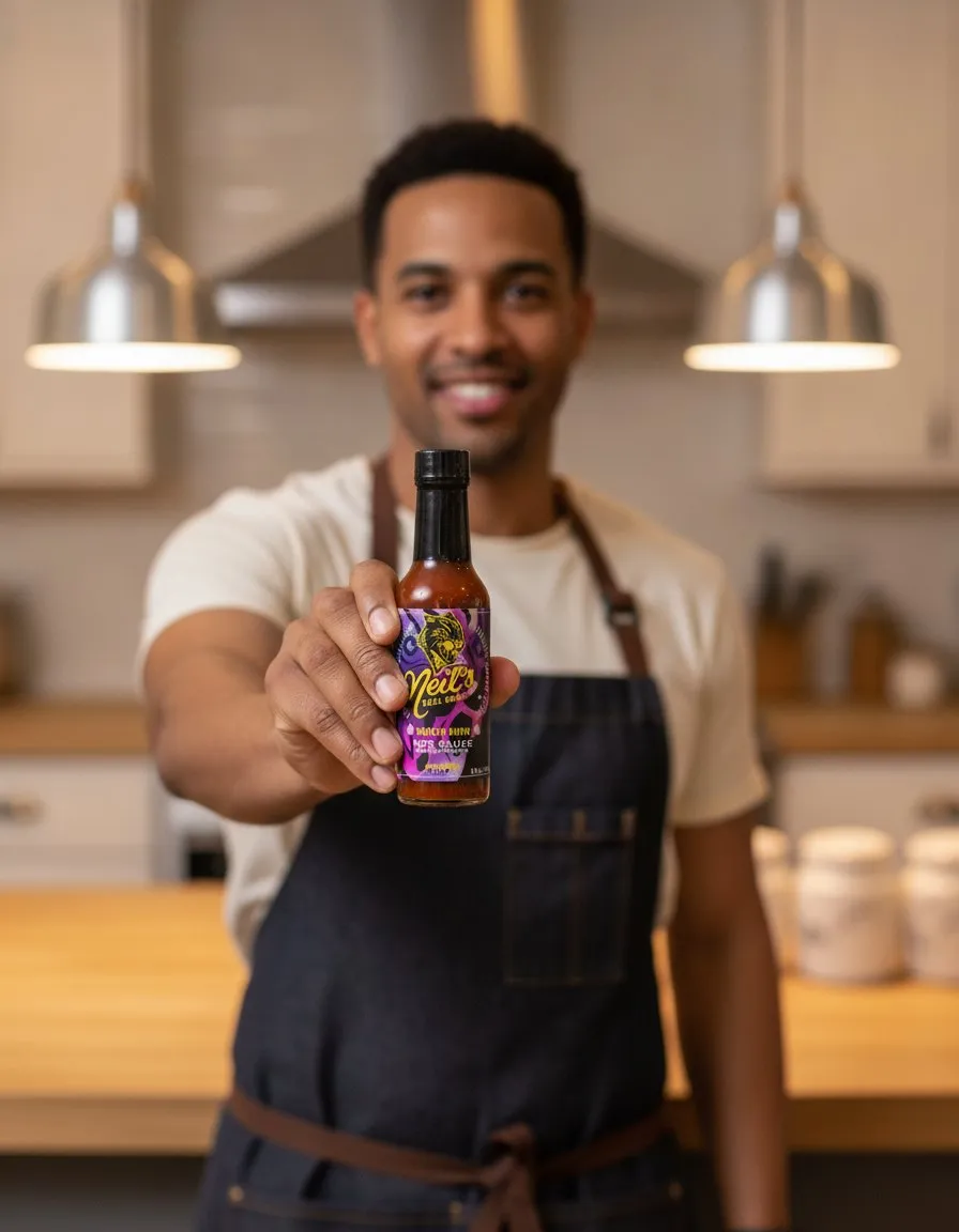 A chef holding a bottle of Neil’s Real Deal