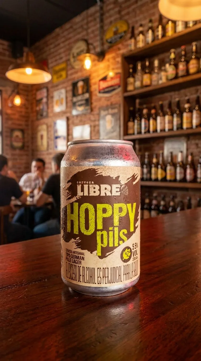 A craft beer can on the bar