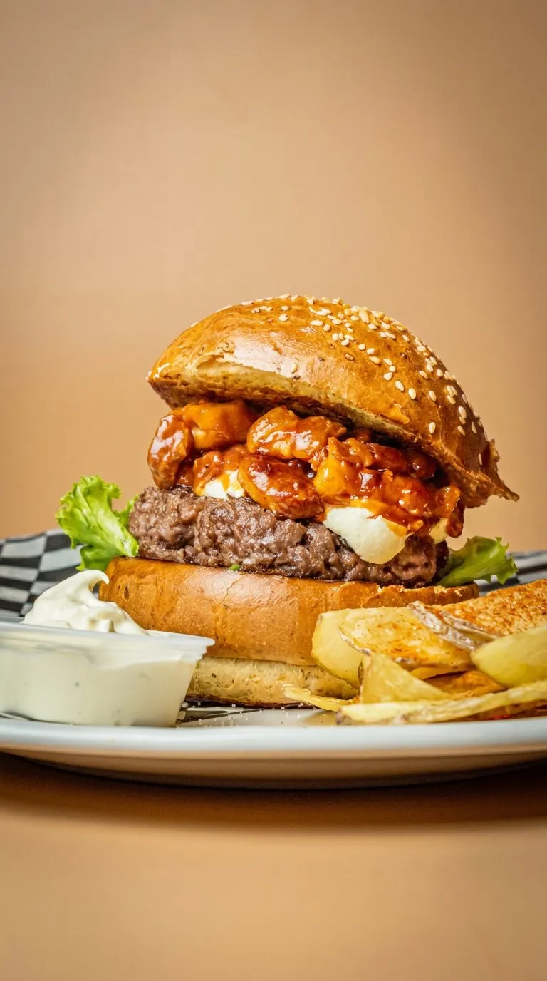 The house burger with fries