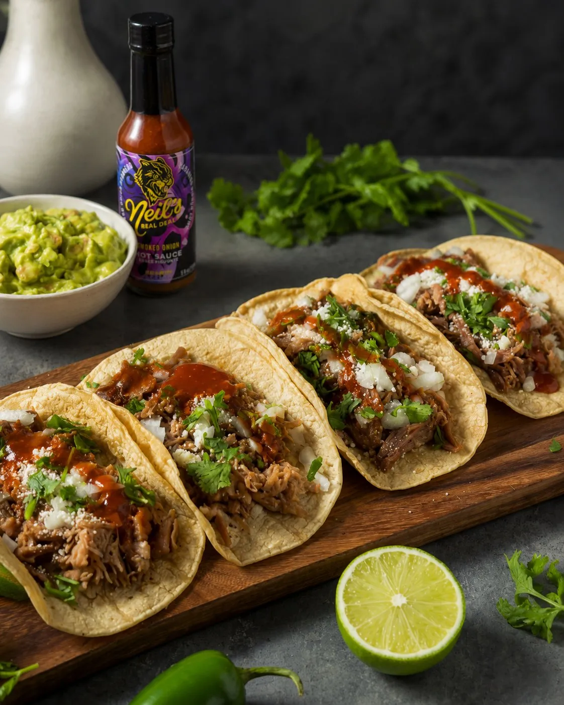 Tacos with hot sauce and guacamole