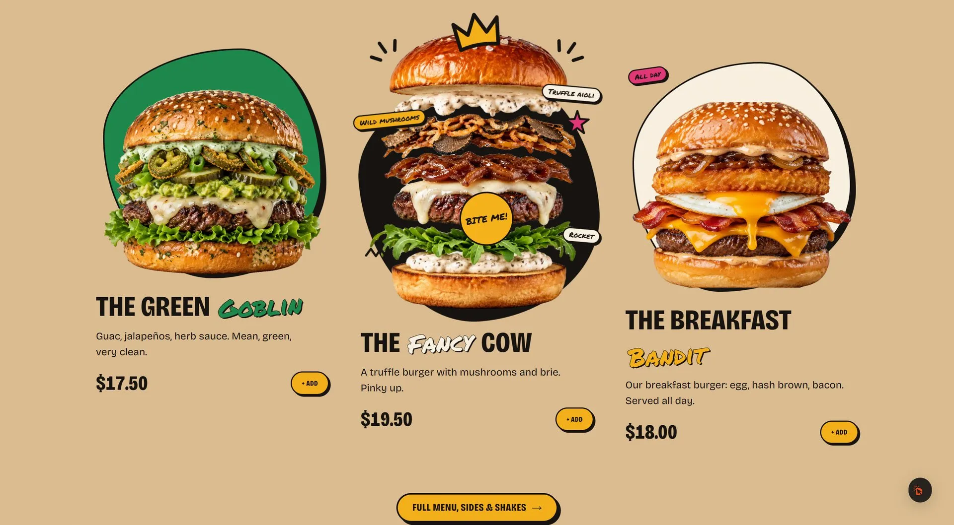 Signature burgers on colour-blob cards