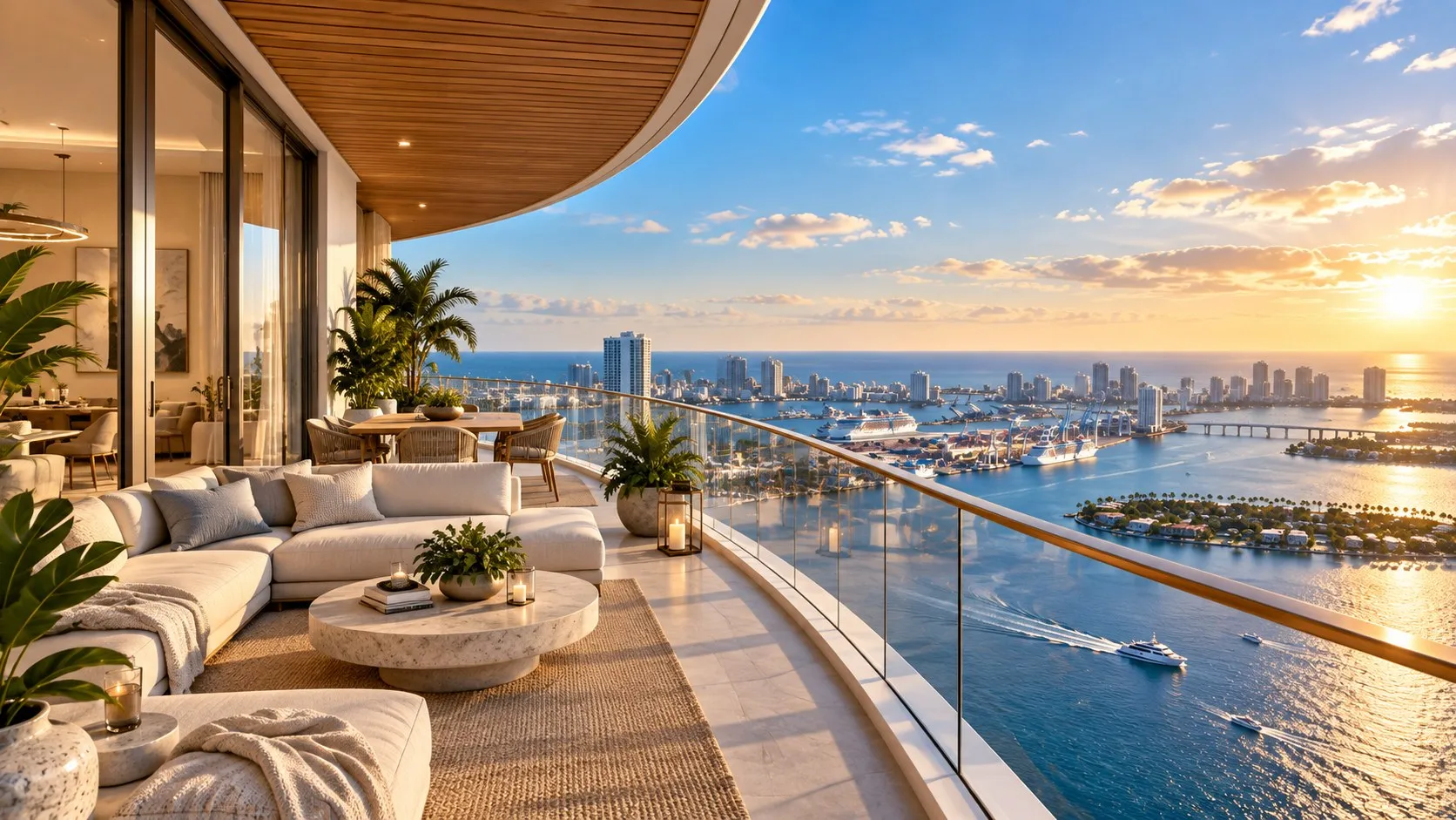 A furnished terrace looking over the bay, from a Velaire Miami listing