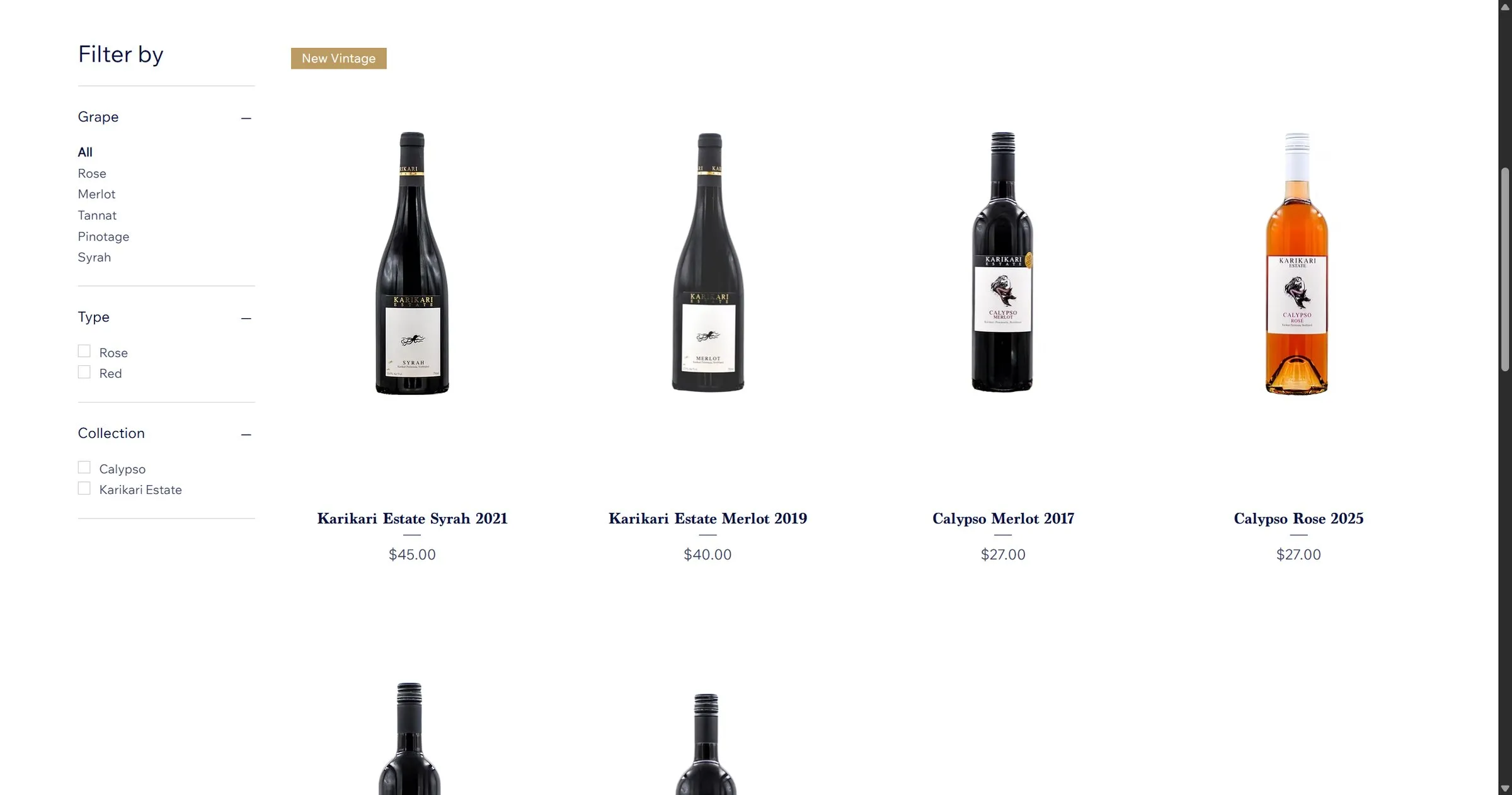Wine catalogue filtered by grape, type and collection