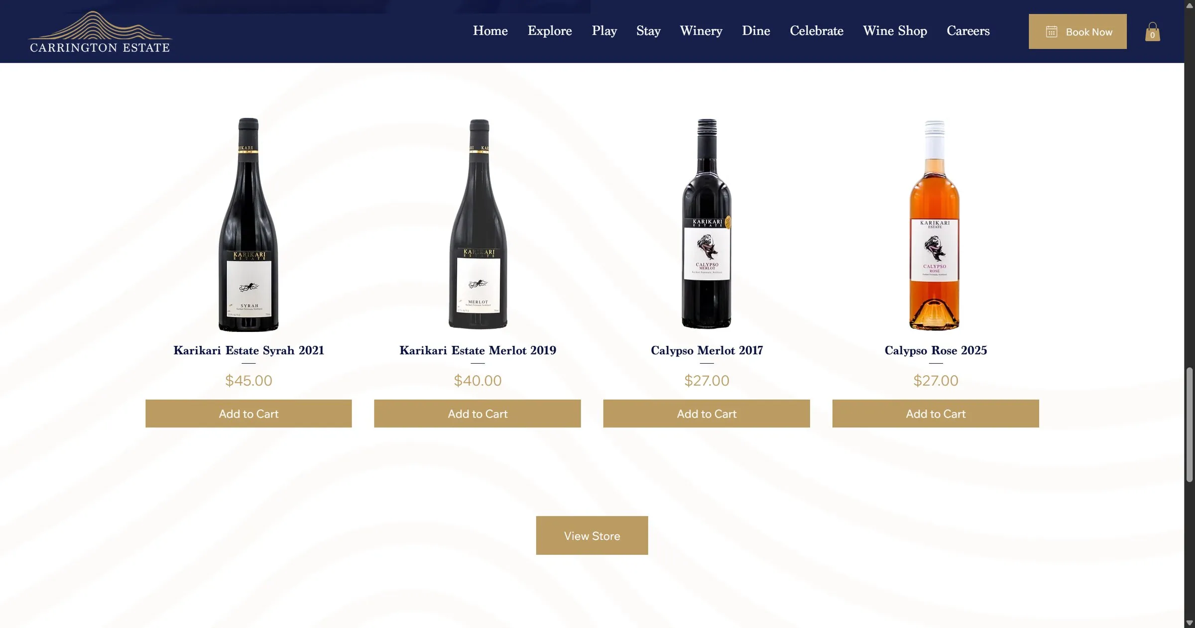 Wine shop with bottles and Add to Cart buttons